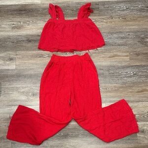 New In Red Two-Piece Jumpsuit Set - Sleeveless Crop Top & Wide-Leg Pants